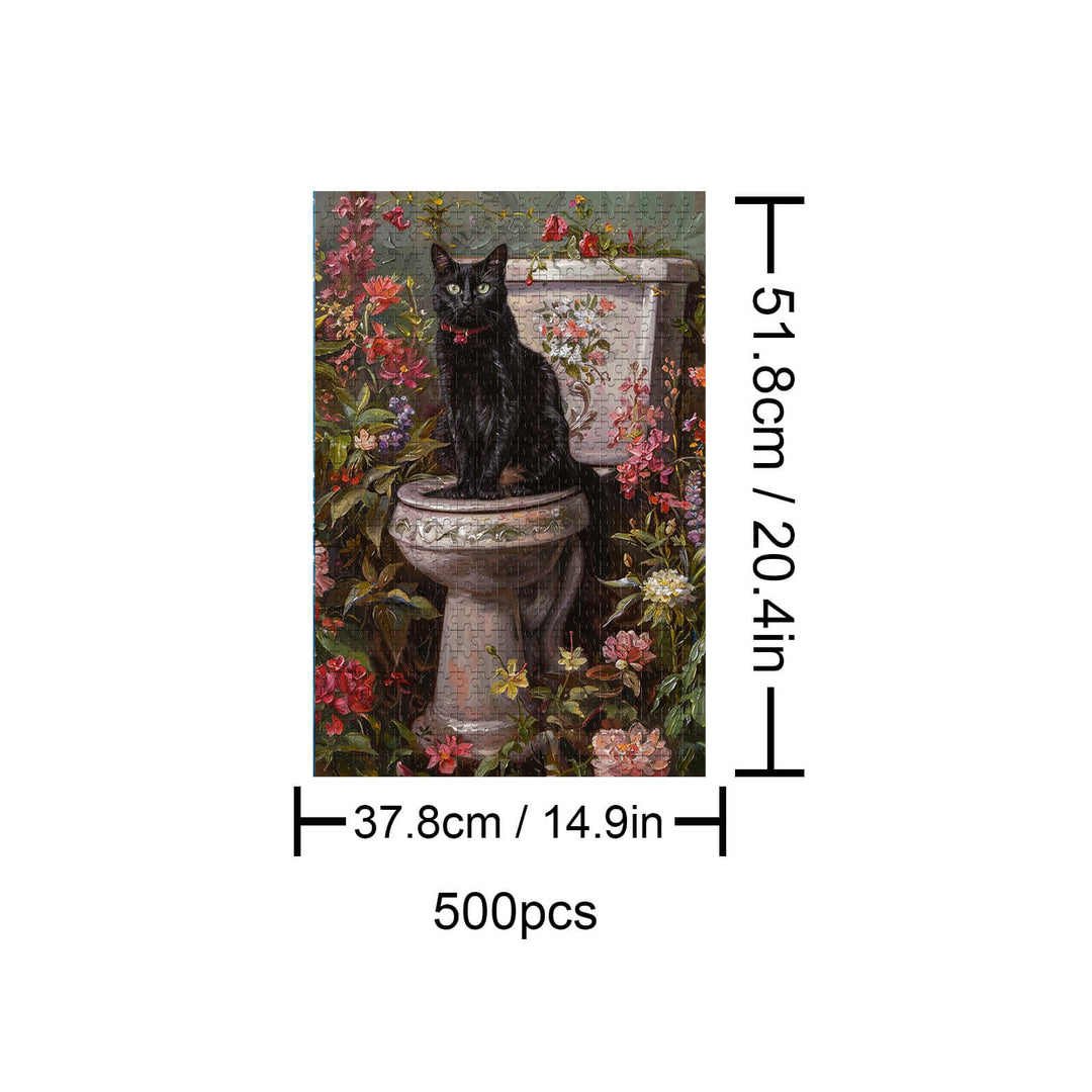 Elegant Black Cat 500 piece jigsaw puzzle featuring a black cat surrounded by flowers on a vintage toilet.
