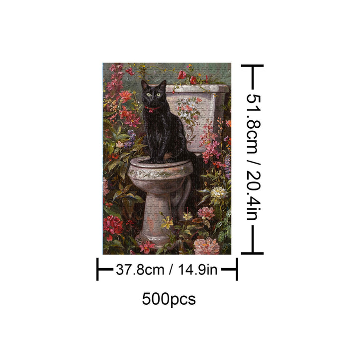 Elegant Black Cat 500 piece jigsaw puzzle featuring a black cat surrounded by flowers on a vintage toilet.
