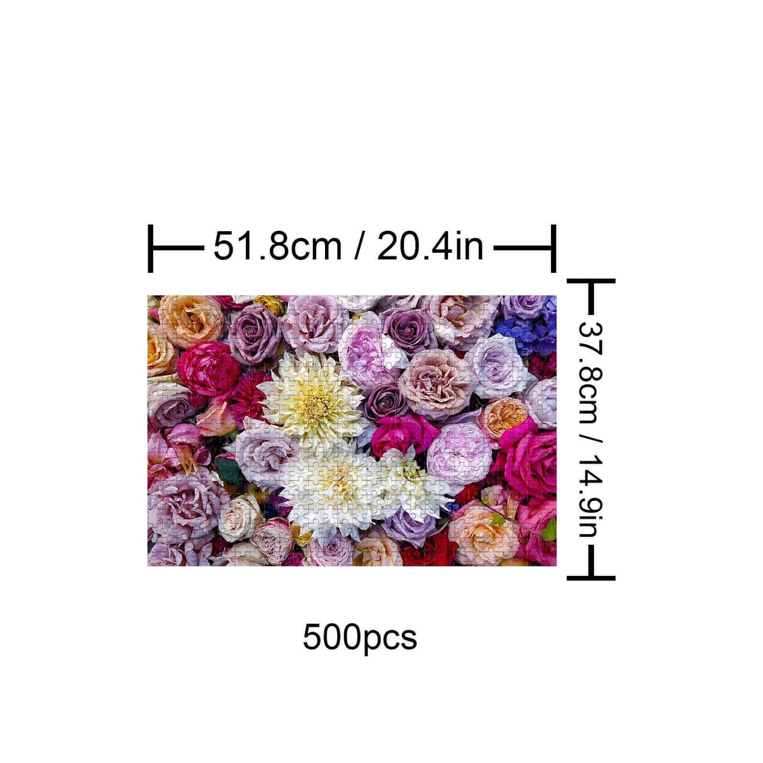 Sea of Flowers 500 piece puzzle showing colorful flower design dimensions 51.8cm x 37.8cm.