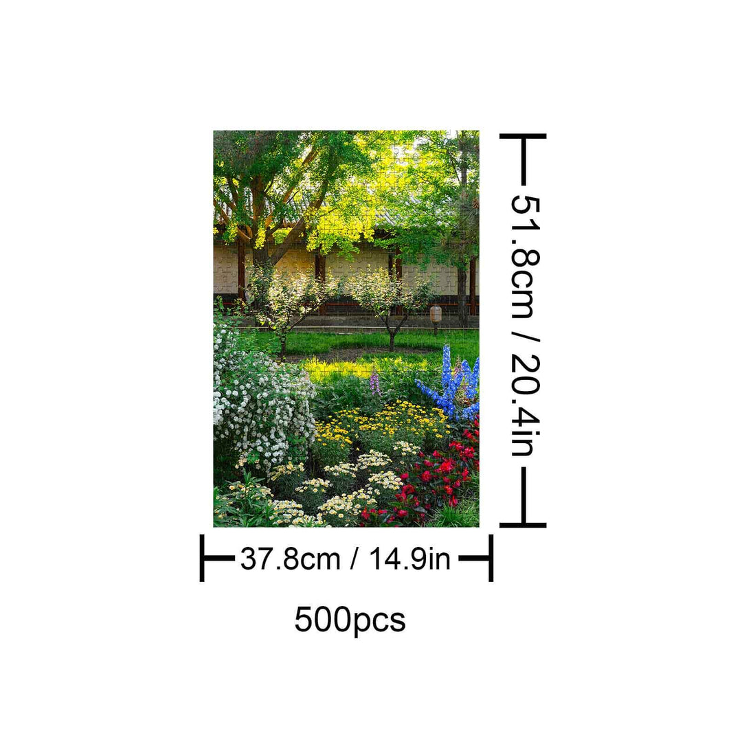 500-piece puzzle depicting vibrant garden scenery with colorful flowers and lush greenery for focused and fun mind games.