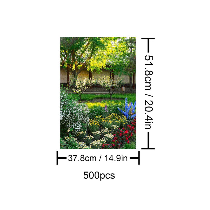 500-piece puzzle depicting vibrant garden scenery with colorful flowers and lush greenery for focused and fun mind games.
