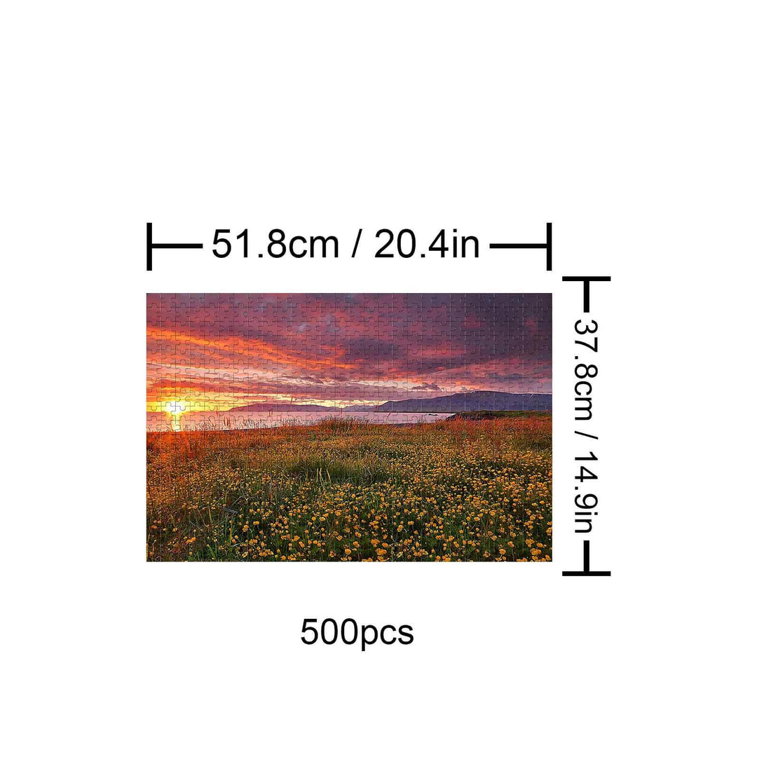 Lakeside Sunset 500-piece jigsaw puzzle featuring a vibrant sunset over a meadow, perfect for mind games and focus.