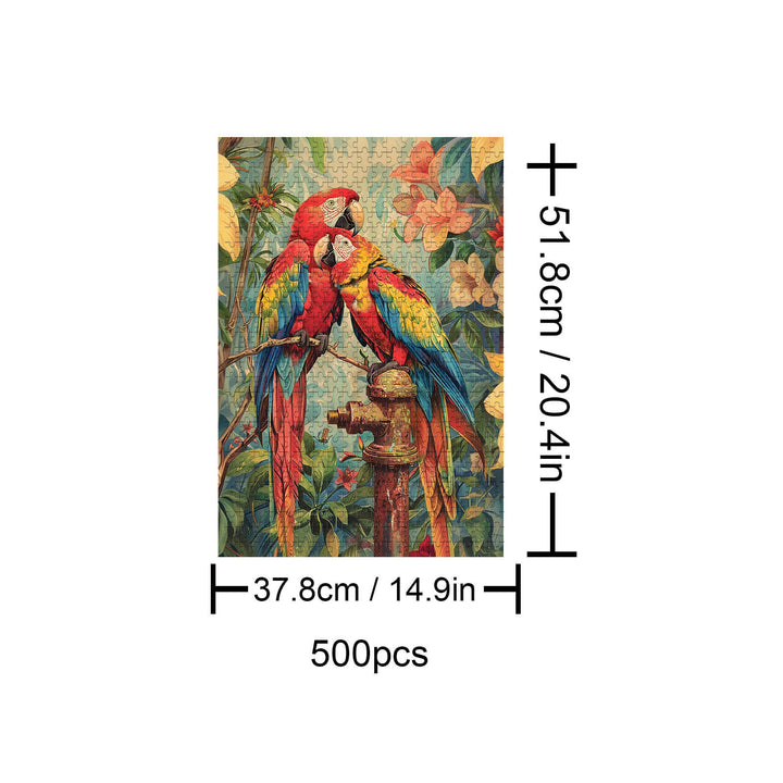 Snuggling Parrot 500-piece puzzle showcasing colorful parrots surrounded by lush flowers, perfect for enhancing focus and mind skills.