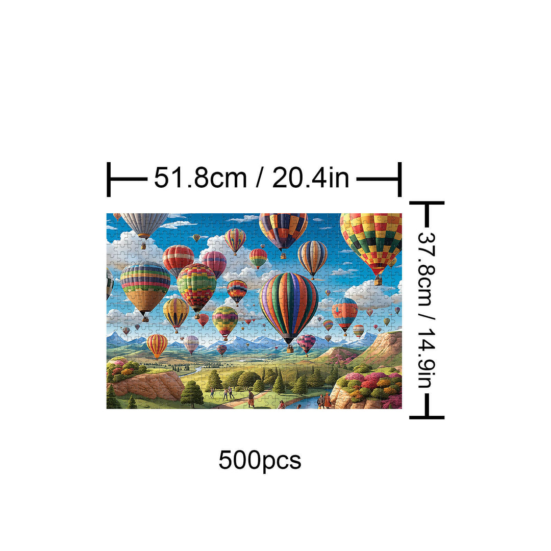 Colorful hot air balloon landscape jigsaw puzzle with 500 pieces for mind games and focus enhancement.