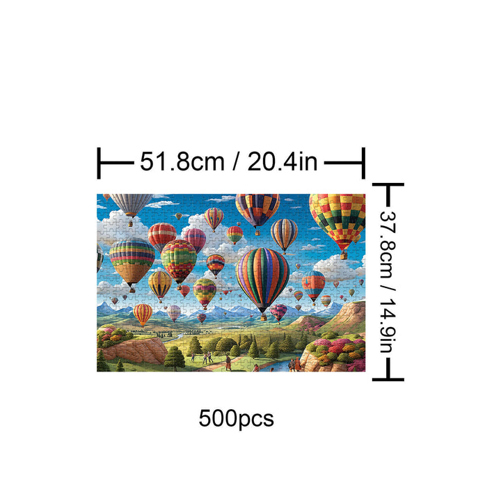 Colorful hot air balloon landscape jigsaw puzzle with 500 pieces for mind games and focus enhancement.