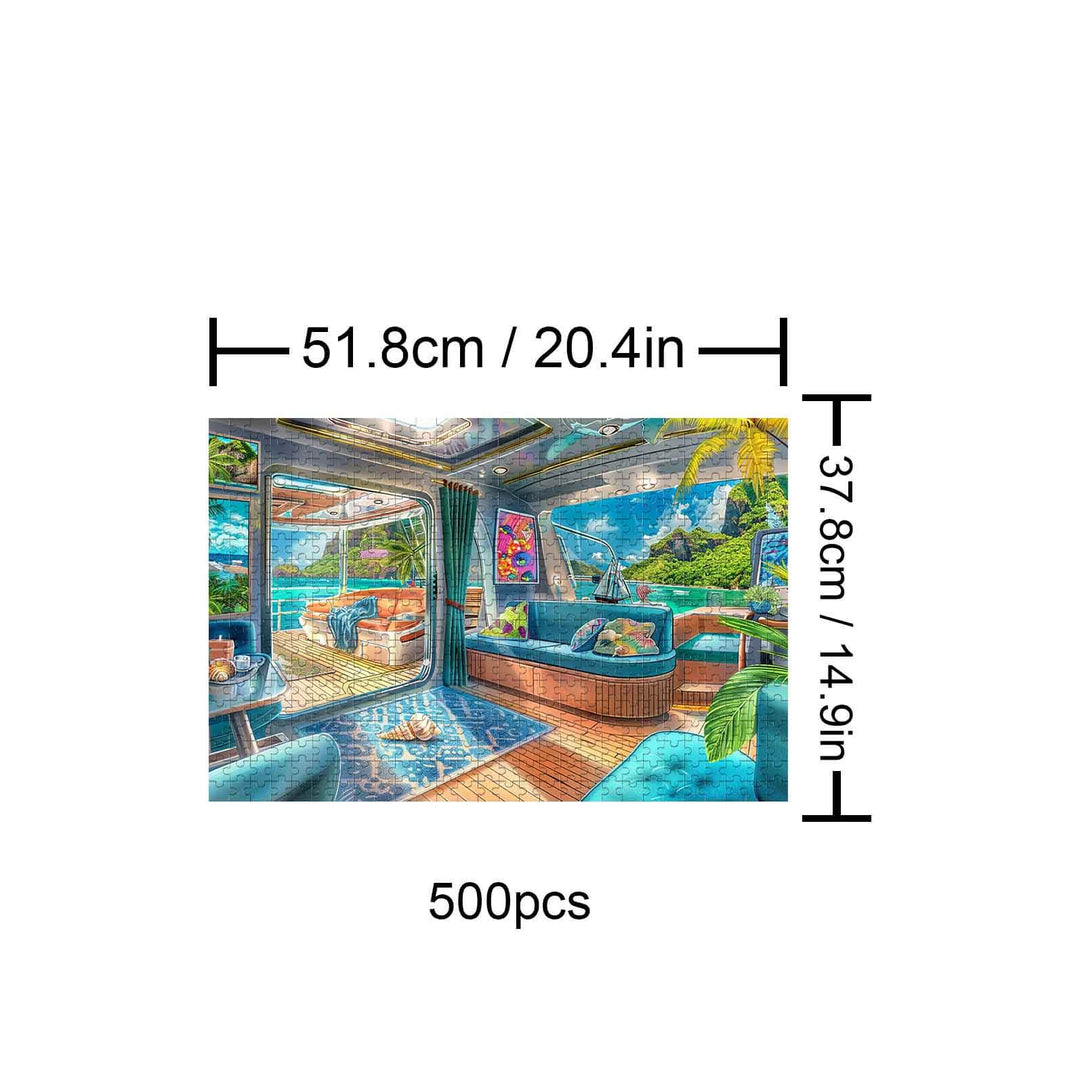 Luxury Yachts 500-piece puzzle showcasing a vibrant interior scene with tropical views, enhancing focus and relaxation.