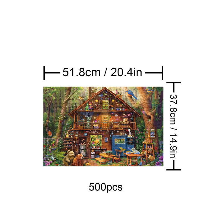 Cabin in the Woods 500 piece puzzle featuring a cozy cabin surrounded by nature and wildlife, ideal for enhancing focus and logic.