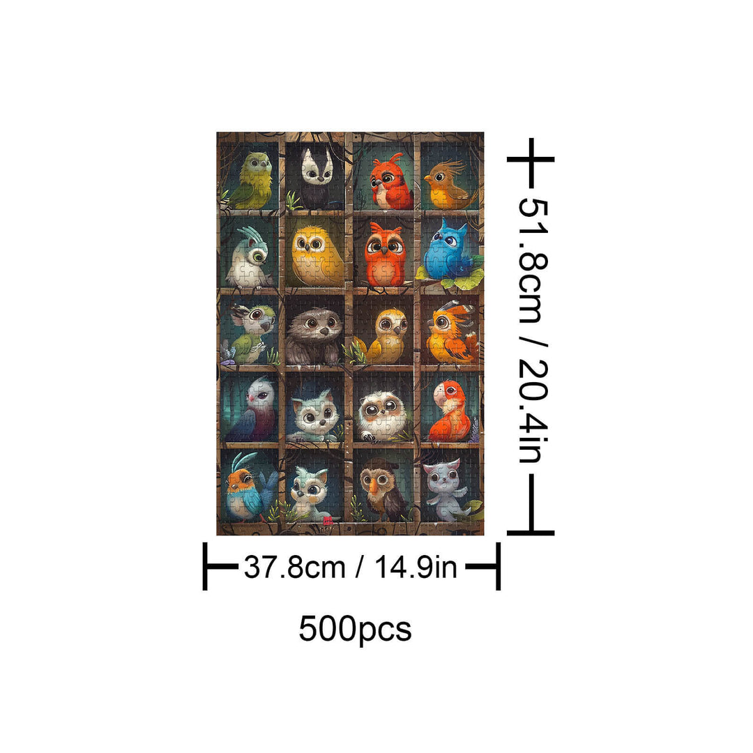500 piece Cute Birds puzzle featuring colorful and charming bird illustrations for puzzle lovers.