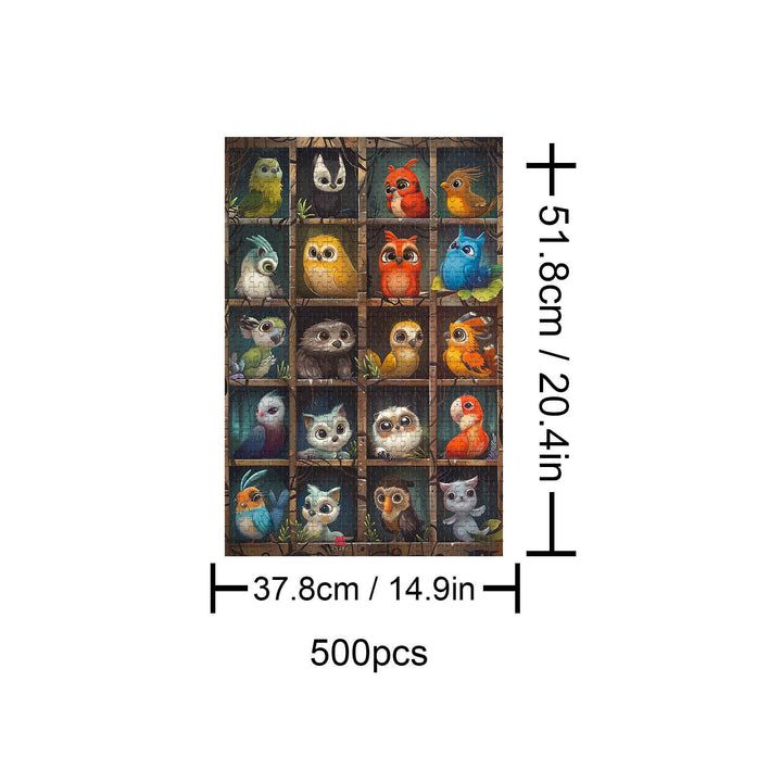 500 piece Cute Birds puzzle featuring colorful and charming bird illustrations for puzzle lovers.