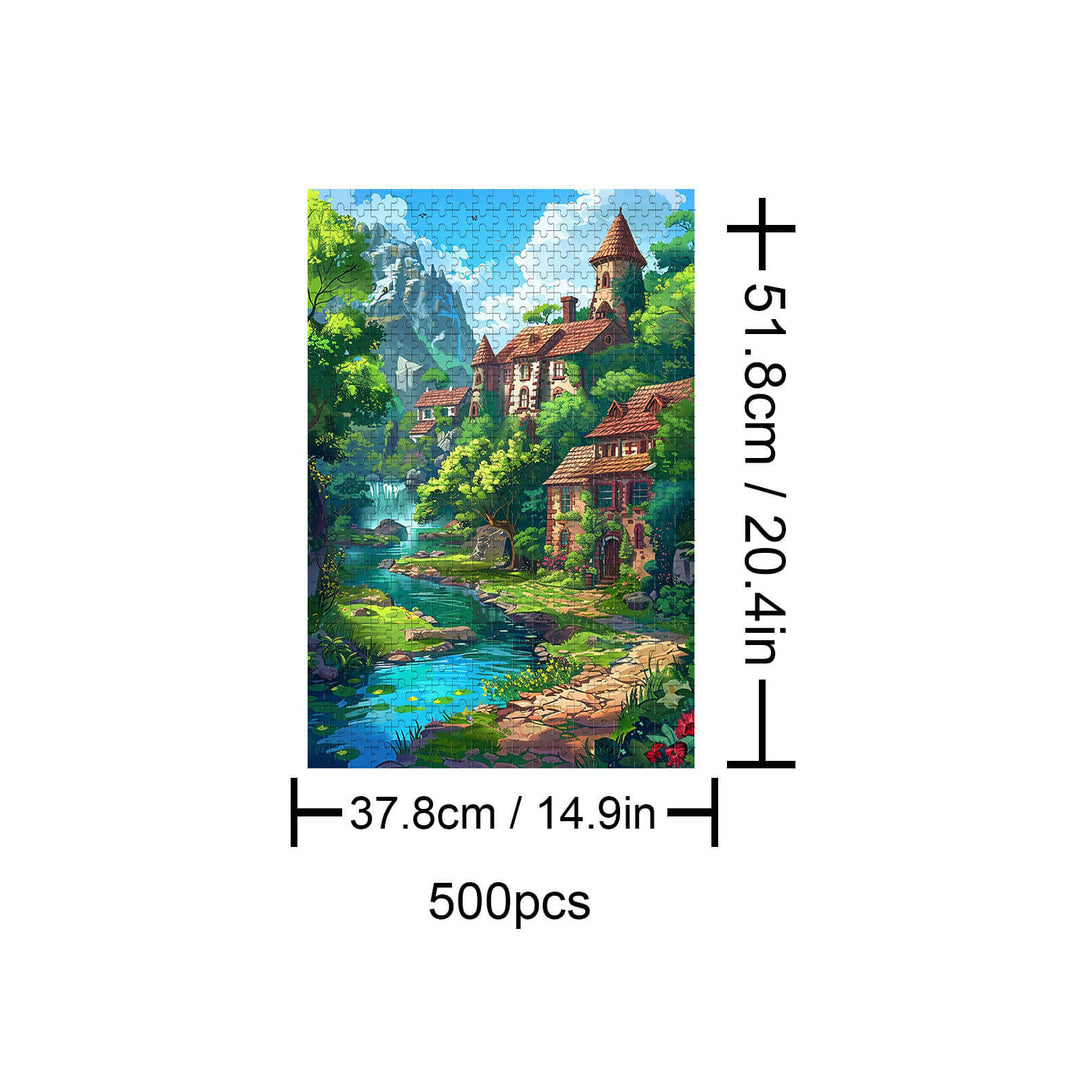 Beautiful Countryside 500 piece puzzle featuring a scenic landscape with houses and a river, perfect for mental focus and entertainment.