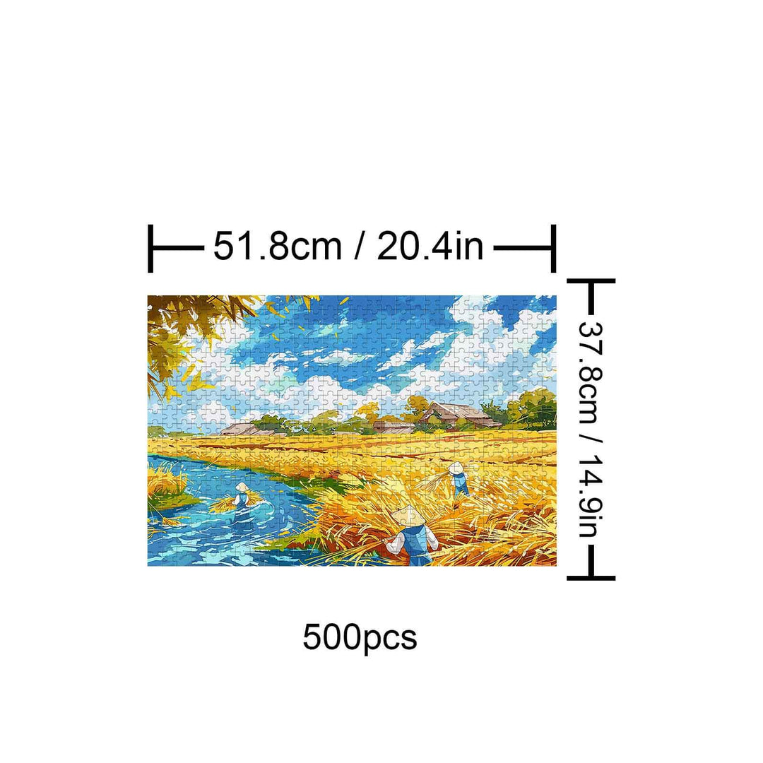 Pastoral Autumn 500-piece puzzle featuring a serene landscape with water and golden fields, perfect for mindful exploration.