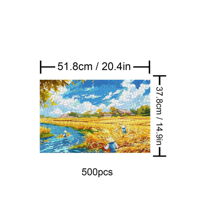 Pastoral Autumn 500-piece puzzle featuring a serene landscape with water and golden fields, perfect for mindful exploration.