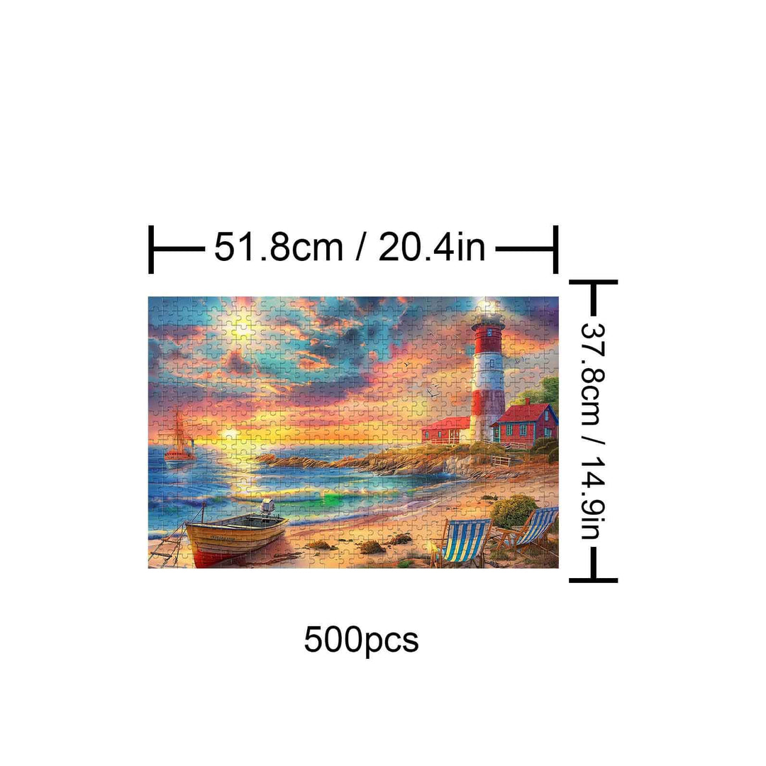 Morning Light 500-piece puzzle showcasing a vibrant beach sunset scene with a lighthouse and sailboat.