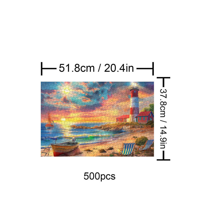 Morning Light 500-piece puzzle showcasing a vibrant beach sunset scene with a lighthouse and sailboat.