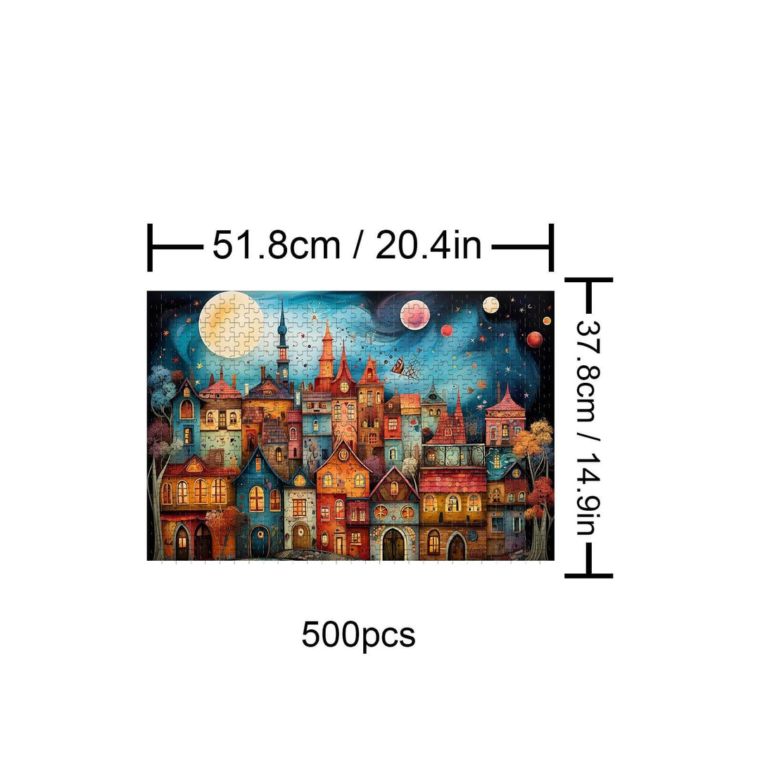 Weird Town-2 500 piece jigsaw puzzle showcasing vibrant buildings under a starry night sky.
