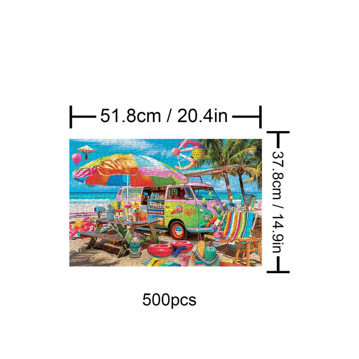 Beach Food Truck 500-piece jigsaw puzzle showcasing a vibrant beach scene with colorful umbrellas and chairs.