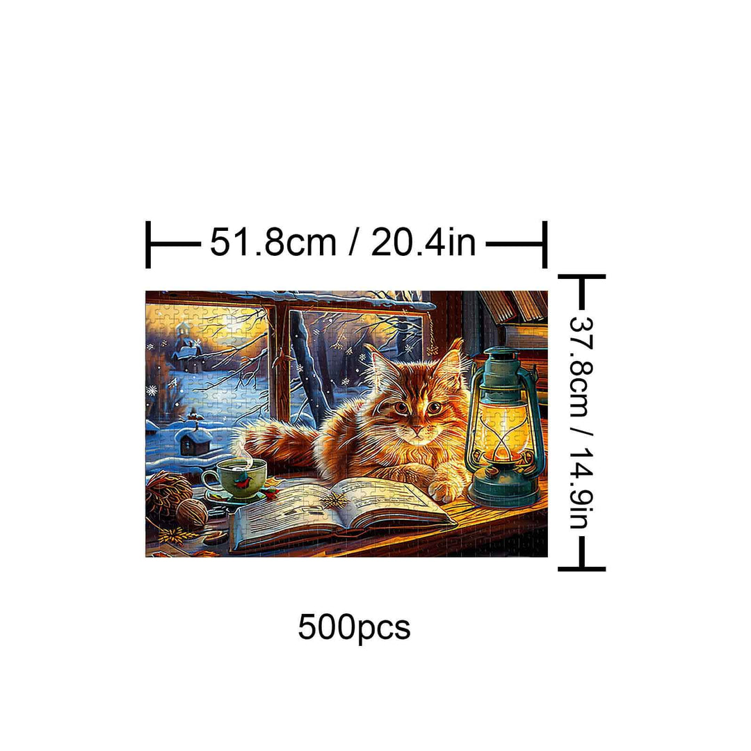 Winter Warmth 500-piece puzzle featuring a cat, lantern, and cozy scenery for mindful entertainment.