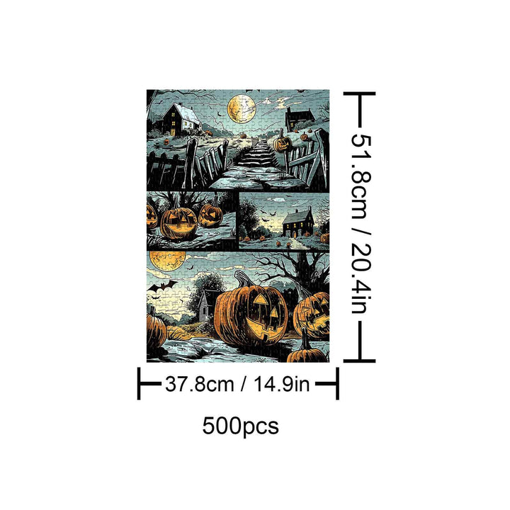 Scary Pumpkin 500 piece jigsaw puzzle with detailed Halloween scene featuring pumpkins and a moonlit night.
