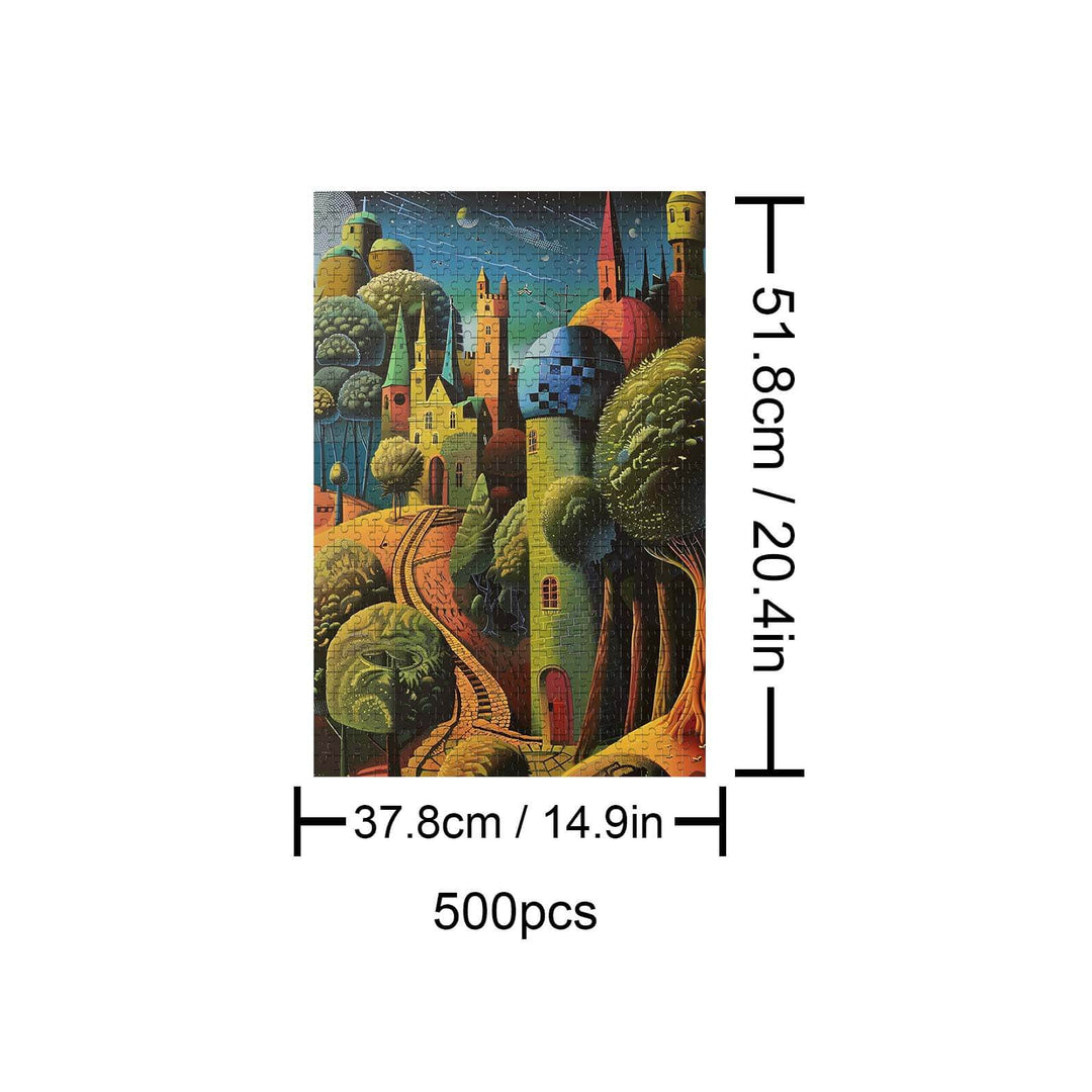 Desert City 500-piece puzzle dimensions with colorful artwork of buildings and trees, ideal for jigsaw puzzle enthusiasts.