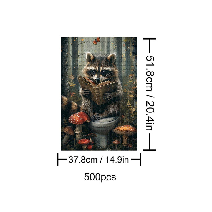 Studious Raccoon 500 Piece Puzzle showing a raccoon reading in a forest, ideal for puzzle lovers and brain game enthusiasts.