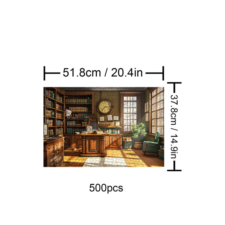 Exquisite Study 500 piece puzzle showcasing a cozy library scene with bookshelves and a clock, enhancing focus and creativity.