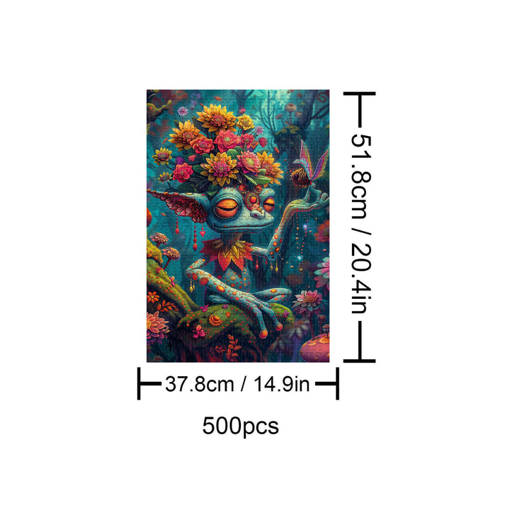 Forest Monster 500 piece jigsaw puzzle featuring a whimsical creature with flowers, perfect for mind games and focus.