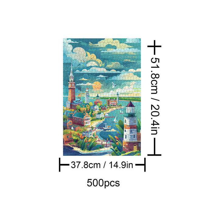 Coastal City 500 piece puzzle showcasing a scenic coastal town with a lighthouse and vibrant clouds.