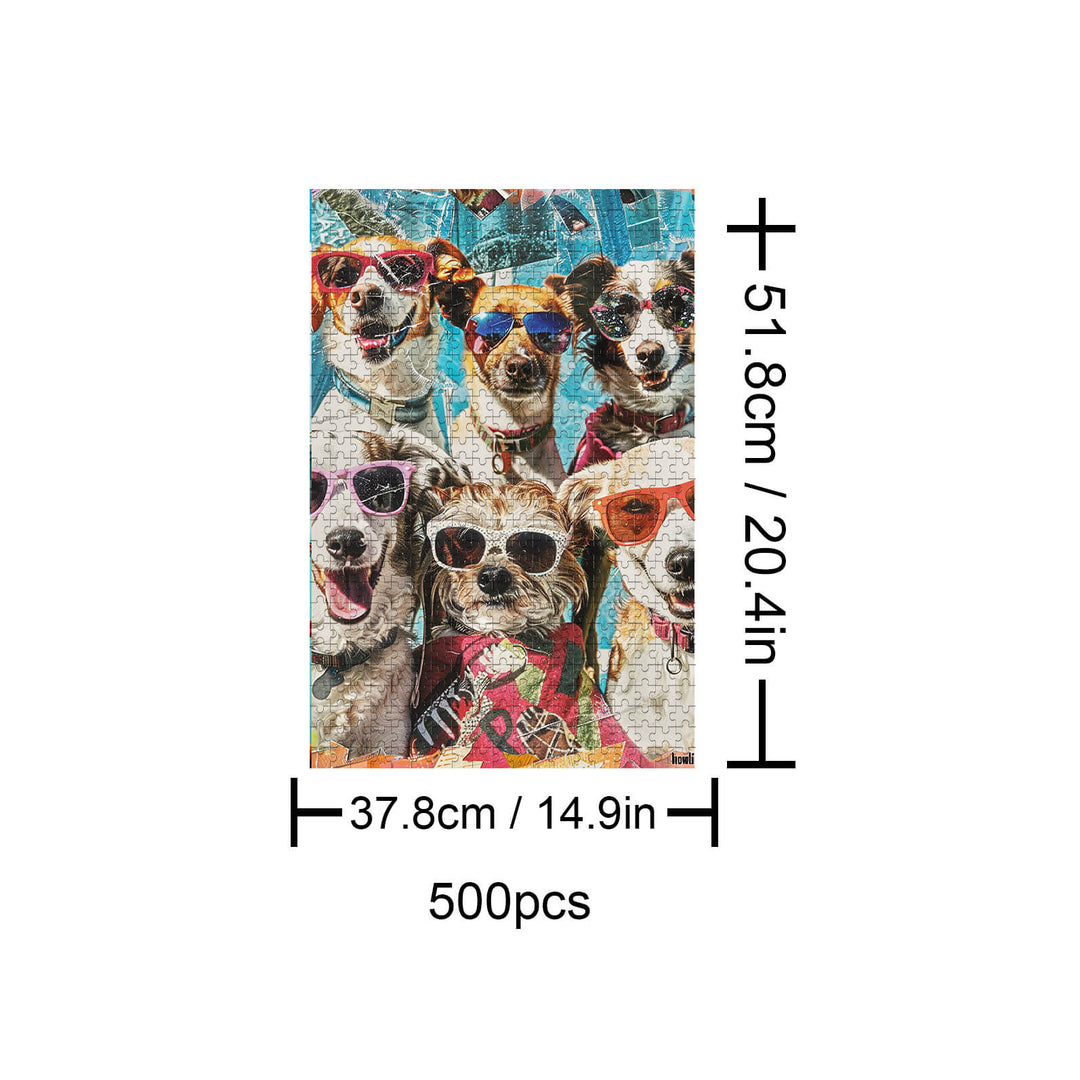 Holiday Puppy 500-piece jigsaw puzzle featuring cheerful dogs in sunglasses, perfect for family fun and brain exercise.