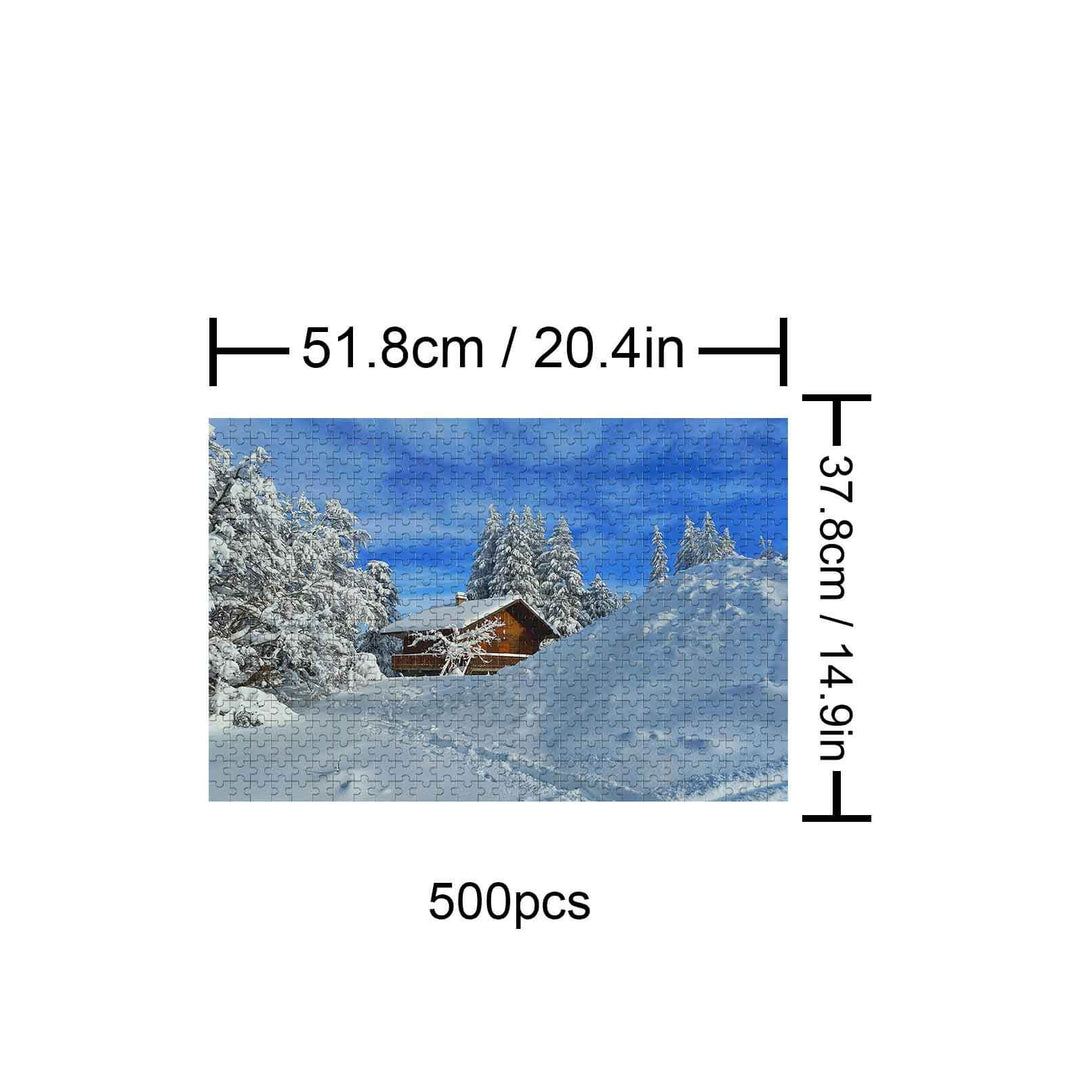 Snow Cabin 500-piece puzzle, featuring a serene snowy landscape perfect for focused and engaging mind games.