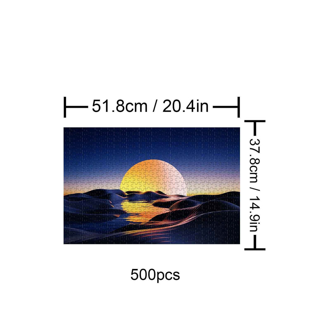 500-piece Sunset Desert jigsaw puzzle featuring a vibrant sunset over desert hills, perfect for mind games and focus.