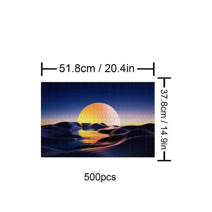 500-piece Sunset Desert jigsaw puzzle featuring a vibrant sunset over desert hills, perfect for mind games and focus.