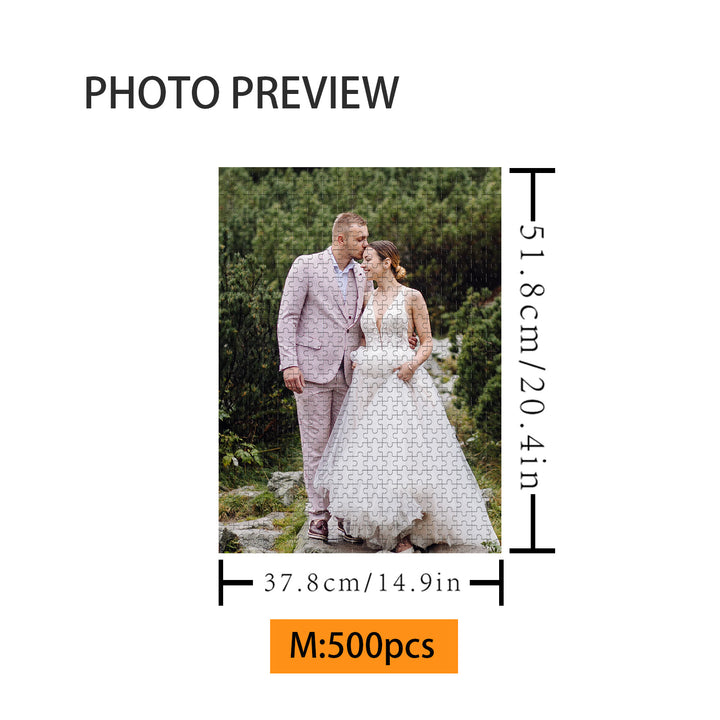 Preview of a 500-piece personalized wedding photo puzzle depicting a couple in wedding attire.