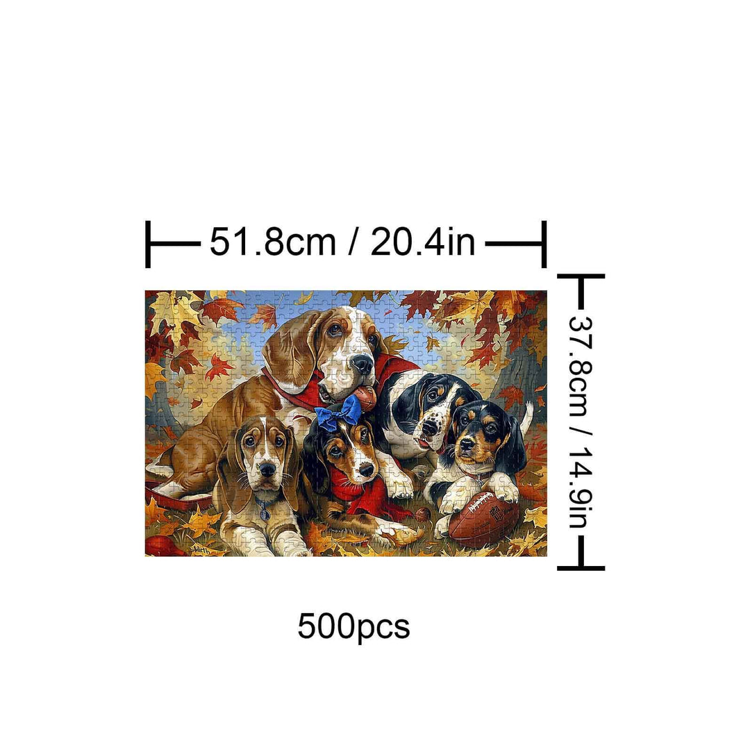 Colorful 500-piece Basset Hound Family puzzle featuring playful dogs surrounded by autumn leaves.