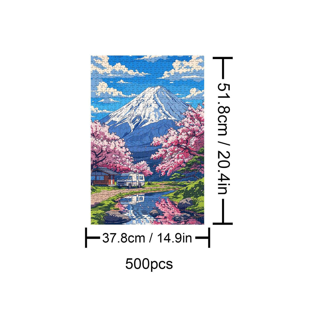 Mount Fuji 500 piece puzzle featuring cherry blossoms and serene landscape, enhancing focus and cognitive skills.