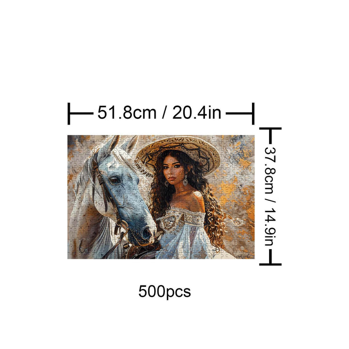 White Horse and Princess 500-piece puzzle featuring a stunning artwork of a princess with a white horse.