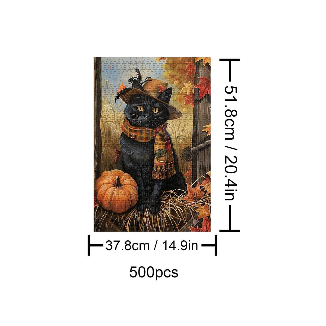 Mr. Cat 500-piece puzzle featuring a black cat in a hat, surrounded by autumn leaves and a pumpkin.