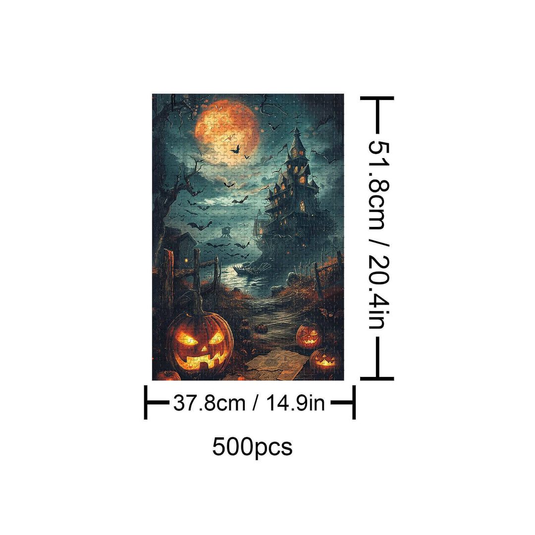 Halloween Treasure Hunt 500-piece puzzle featuring spooky pumpkins, a haunted house, and a full moon, perfect for mind games.
