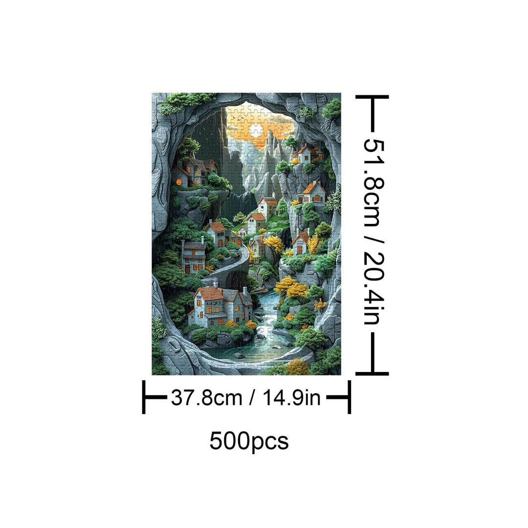 Paradise 500-piece jigsaw puzzle featuring a picturesque village landscape in a scenic canyon.