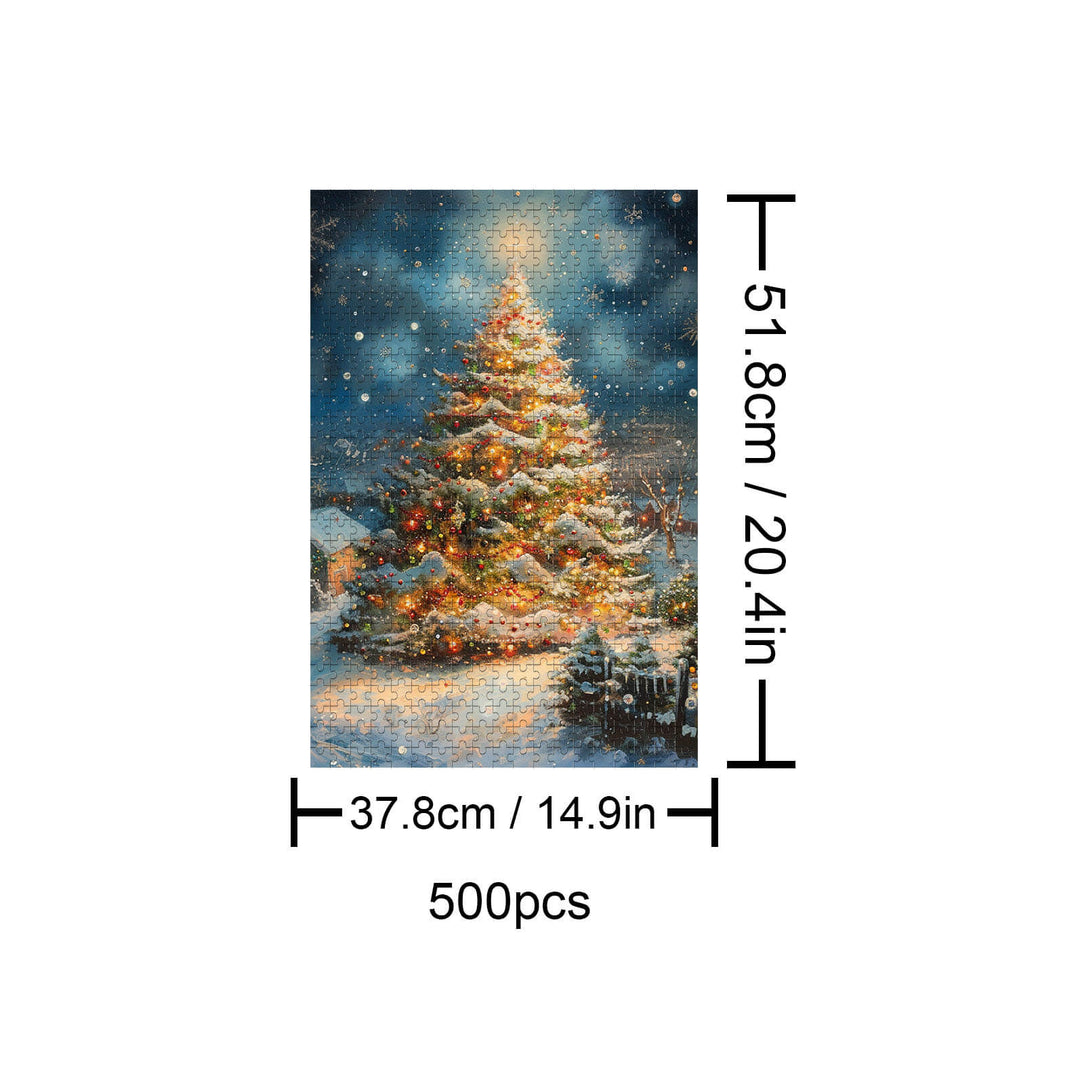 500-piece Christmas Tree jigsaw puzzle showcasing a beautifully lit tree in a snowy scene, perfect for festive puzzle lovers.