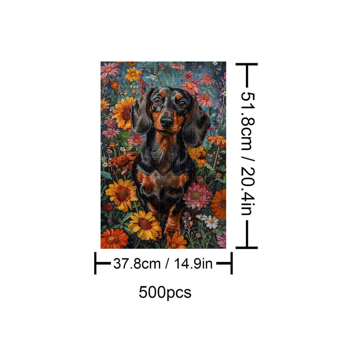 Dachshund surrounded by vibrant flowers in a 500-piece puzzle, perfect for jigsaw puzzle enthusiasts.