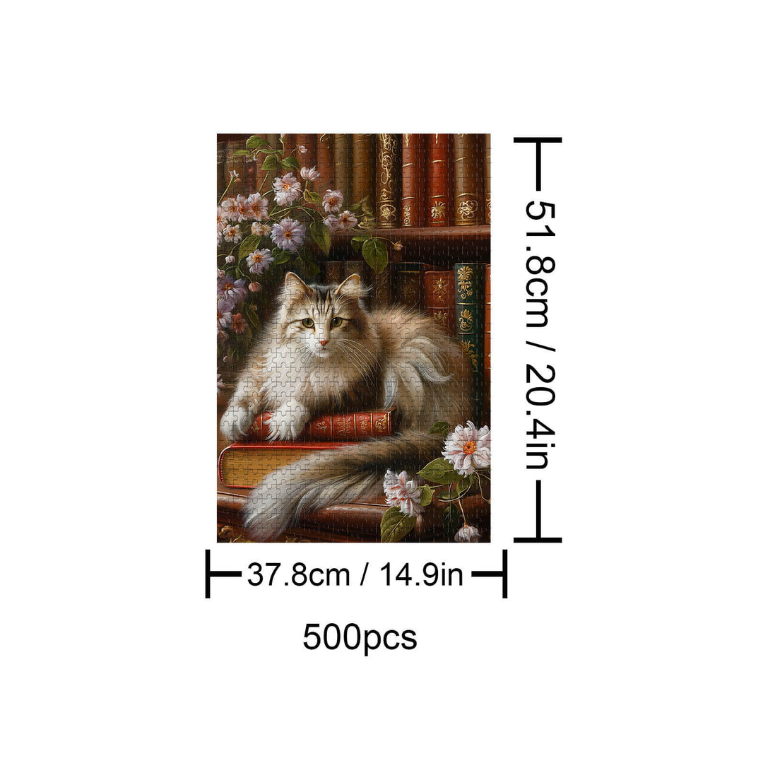 500-piece Cat on the Bookshelf puzzle featuring a fluffy cat surrounded by books and flowers.