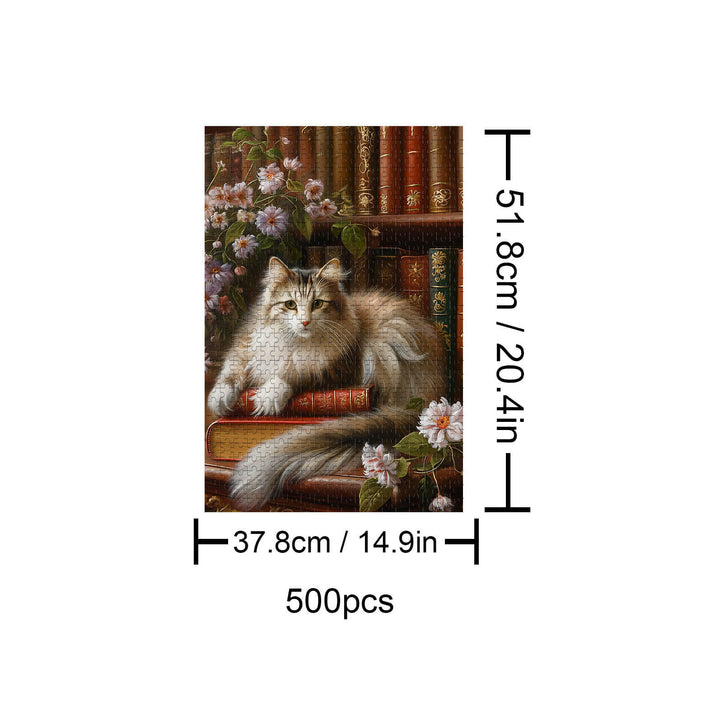 500-piece Cat on the Bookshelf puzzle featuring a fluffy cat surrounded by books and flowers.