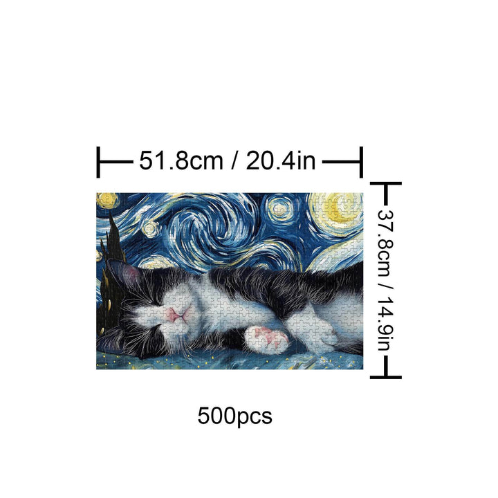 Sleeping Cat 500-piece puzzle depicting a cat resting under a starry night sky, perfect for jigsaw puzzle enthusiasts.