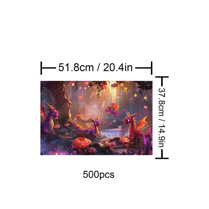 Dragon Paradise 500 piece puzzle with vibrant dragons near a magical forest setting, perfect for focused puzzle enthusiasts.