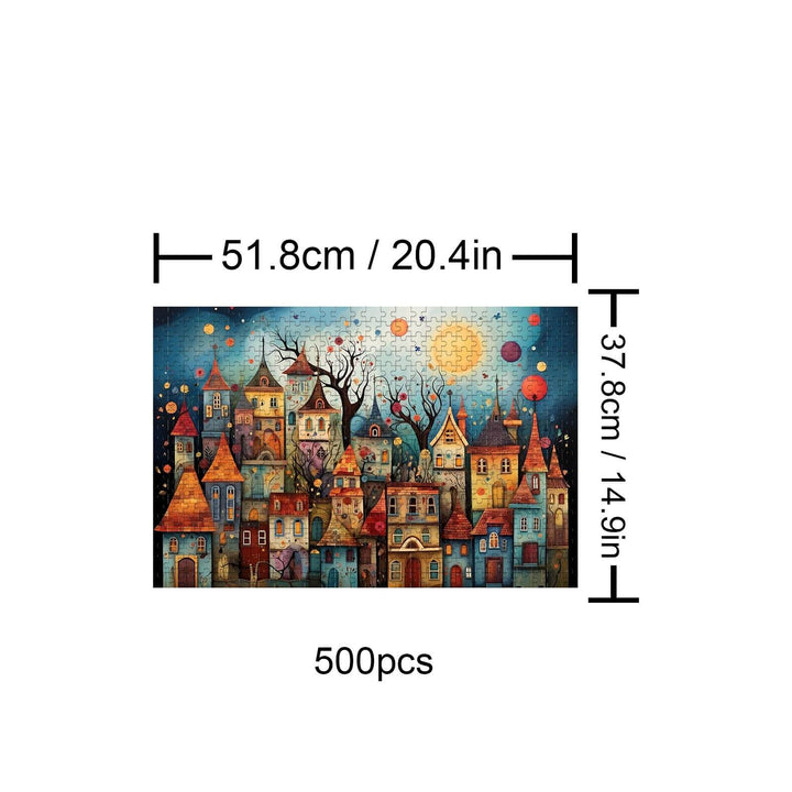 Weird Town 500-piece puzzle featuring colorful buildings under a starry sky, perfect for jigsaw puzzle lovers.