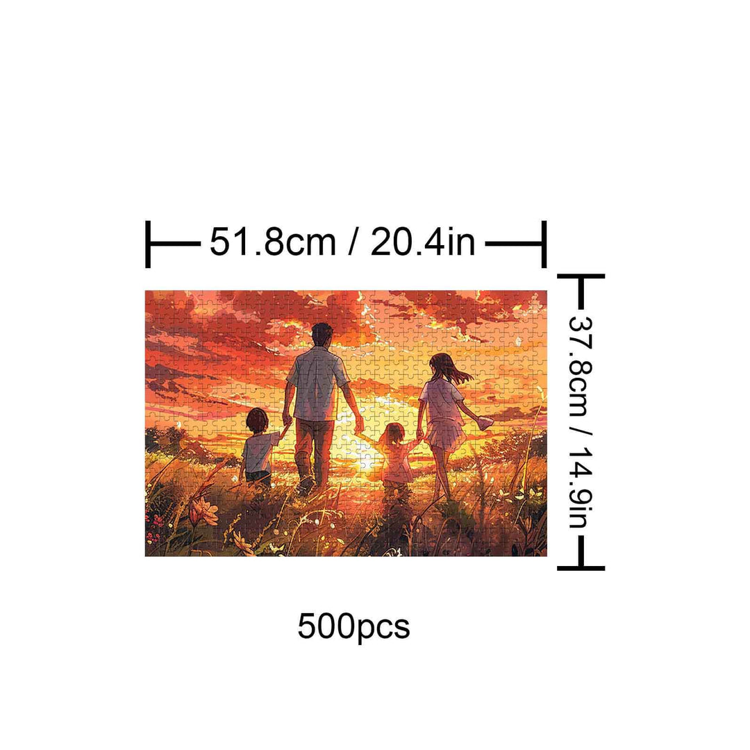 Towards the Sun 500 piece puzzle showcasing a family walking towards a sunset, ideal for focused puzzle solving.