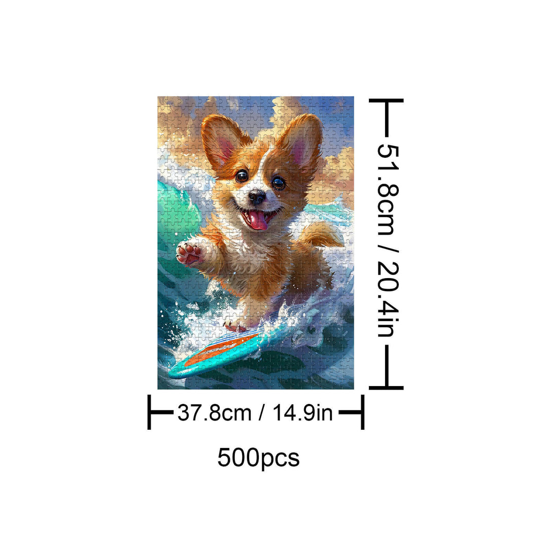500 piece puzzle of a happy surfing corgi riding a wave, perfect for puzzle enthusiasts and dog lovers.