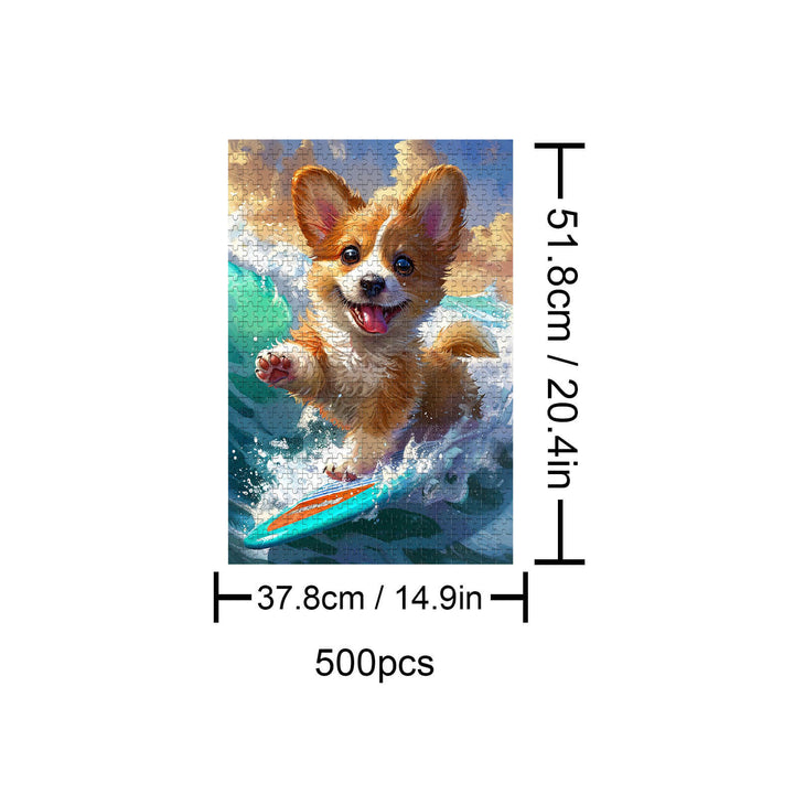 500 piece puzzle of a happy surfing corgi riding a wave, perfect for puzzle enthusiasts and dog lovers.