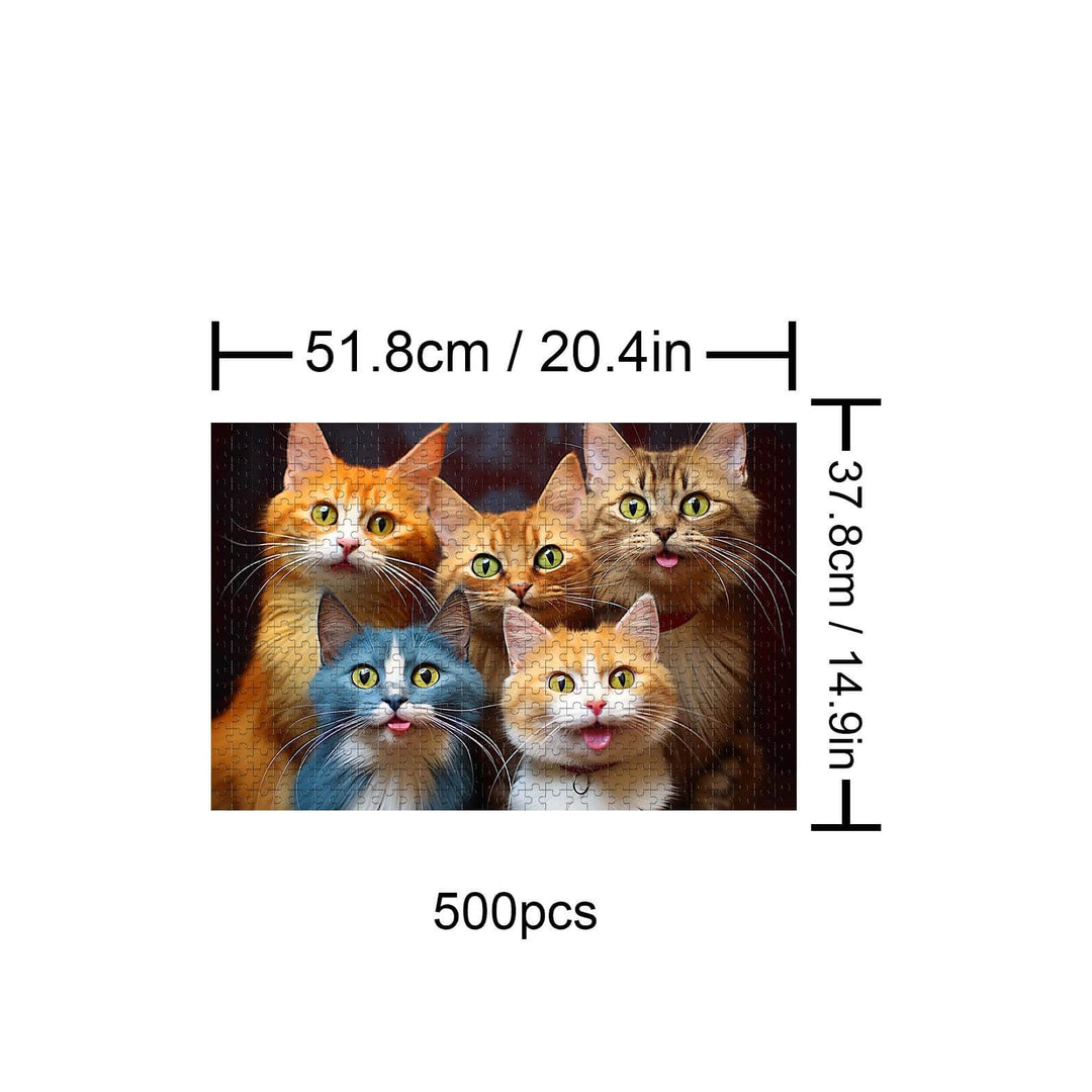 Kitties 500-piece jigsaw puzzle featuring five playful cats, great for enhancing focus and problem-solving skills.