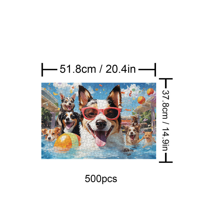 Colorful 500-piece Puppy Pool puzzle featuring dogs in sunglasses enjoying summer fun by the pool.